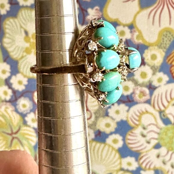 Vintage Diamond Turquoise Cocktail Ring Bombe Style - Picture 7 of 9